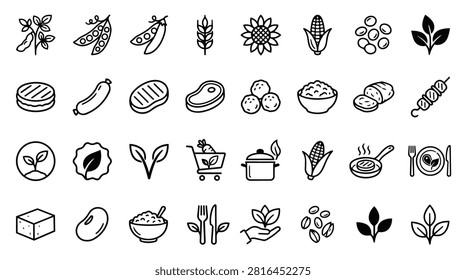 A collection of simple black and white line icons representing various food items, including vegetables, grains, meats, and plant-based symbols.
