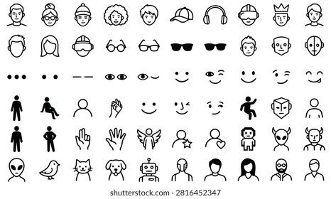 A collection of simple black and white line art icons representing various human faces, figures, animals, and objects. The icons include different expressions, accessories, and characters.