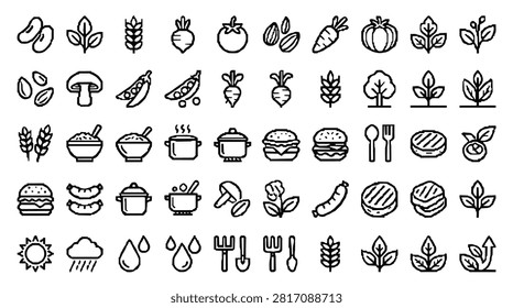 A collection of simple, black and white line art icons representing various food items, plants, weather, and cooking elements. The icons include vegetables, fruits, grains, meats, and cooking utensils.