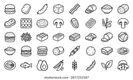A collection of simple black and white line art icons representing various food items, including meats, vegetables, grains, and processed foods. The icons are arranged in a grid.