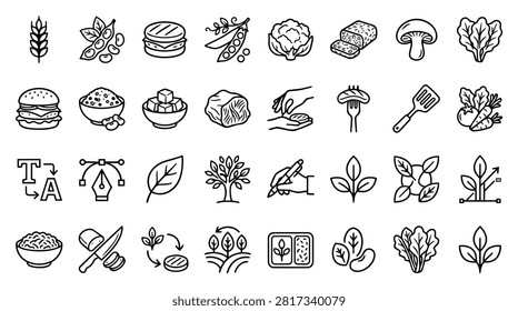 A collection of simple black and white line art icons representing various food items, ingredients, and concepts related to healthy eating and agriculture.