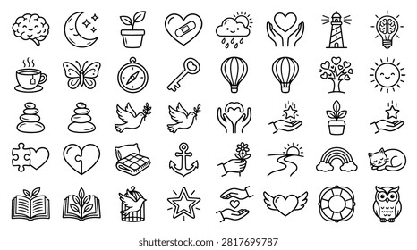 A collection of simple black and white line art icons representing various concepts like nature, emotions, and well-being. Includes symbols for brain, moon, plant, heart, cloud, hands, lighthouse, lightbulb, tea, butterfly, compass, key, hot air balloon, tree, sun, stones, dove, puzzle, blanket, anchor, flower, road, rainbow, cat, book, birdcage, star, wings, lifebuoy, and owl.