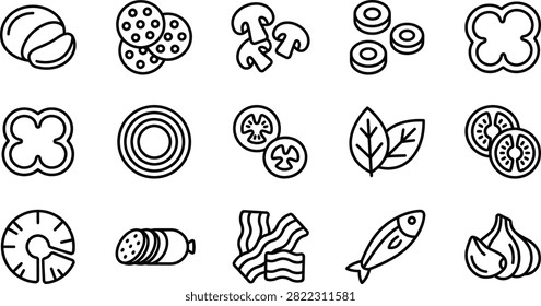 A collection of simple black and white line art pizza topping icons featuring various food ingredients on white.