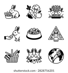 A collection of simple black and white line art icons depicting bunnies eating, being fed, and their food.