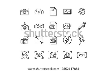 A collection of simple, black and white line art icons related to photography, including cameras, image files, and editing tools.