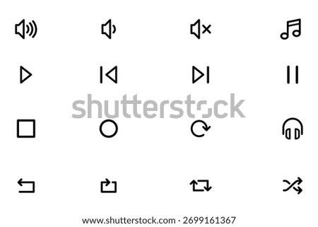 A collection of simple, black and white line art icons representing various audio and media playback controls on a white background.