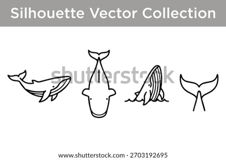 A collection of simple, black and white line art silhouettes of whales in various poses.
