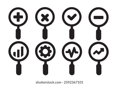  a collection of simple, black and white magnifying glass icons, each featuring a different business-related symbol within the lens. Set of Magnifying Glass Icons with Different Business Symbols