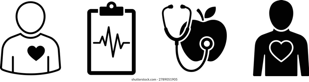 A collection of simple black and white medical icons including human figures with hearts, a heart rate clipboard, and a stethoscope with an apple for healthy lifestyle concepts.