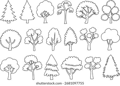 Una colección de simples dibujos de contorno en blanco y negro de varios árboles.
