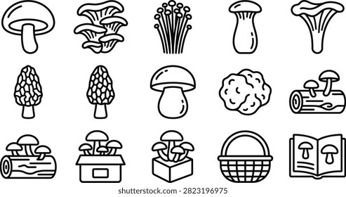 A collection of simple black and white outline mushroom icons featuring diverse forest fungi species on white background.