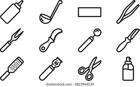 A collection of simple black and white outline food plating tools and kitchen utensils in minimal graphic style.