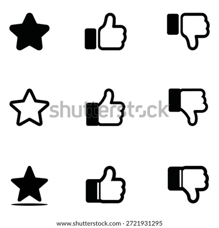 Collection of simple black and white rating icons featuring solid and outline star shapes, filled and outline thumbs up, and filled and outline thumbs down gestures for feedback and evaluation.