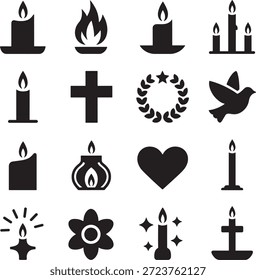 Coleção de iconografia religiosa simples em preto e branco com velas, cruzes e elementos simbólicos representando fé, esperança e espiritualidade em um design minimalista.