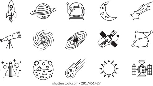 Collection of simple black and white space and astronomy icons featuring celestial bodies, spacecraft, and observation equipment on a white background.