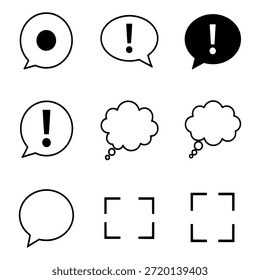 Collection of simple black and white speech bubbles and thought bubbles with exclamation marks and focus brackets on a white background.