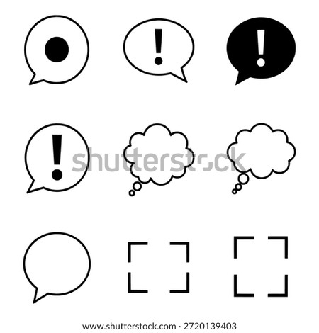 Collection of simple black and white speech bubbles and thought bubbles with exclamation marks and focus brackets on a white background.