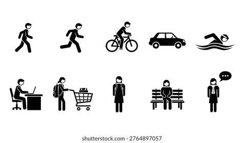 A collection of simple black and white stick figures illustrating different daily activities such as walking, running, cycling, driving, swimming, working, shopping, standing, sitting, and talking.