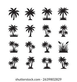Collection of simple black and white tropical palm tree silhouettes and grasses
