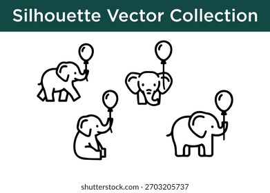 Una colección de siluetas de Vector simples, en blanco y negro de elefantes sosteniendo globos, adecuada para varios proyectos de diseño.