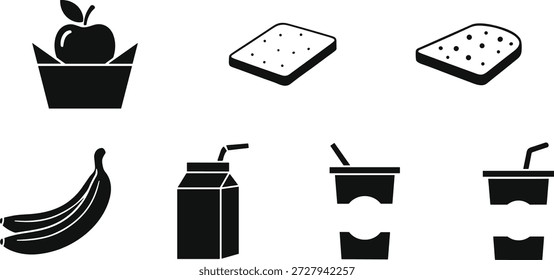 Una colección de iconos vectoriales simples, en blanco y negro que representan alimentos y bebidas comunes. Incluye una manzana en un recipiente, rebanadas de pan, un manojo de plátanos, una caja de jugo con una pajita y dos tazas con pajitas.