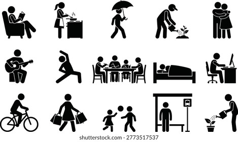A collection of simple black and white vector illustrations depicting various everyday human activities and leisure pursuits in a clean graphic design style.
