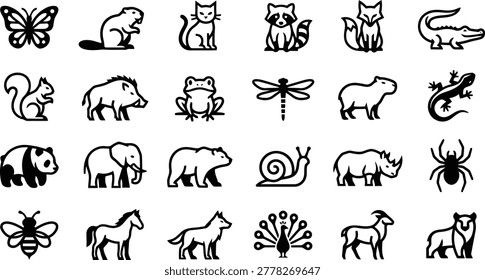 A collection of simple black and white vector icons representing various wild animals, including mammals, insects, reptiles, and birds, isolated on white.