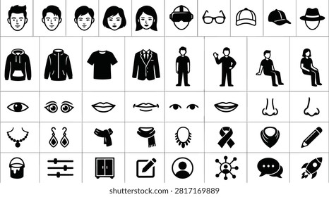A collection of simple black and white vector icons representing various human features, clothing, accessories, and objects. The icons are arranged in a grid format.