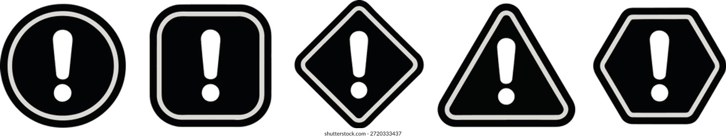 Coleção de ícones de aviso simples em preto e branco com um ponto de exclamação em diferentes formas geométricas.