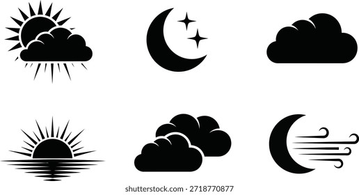 Una colección de simples iconos de Clima y cielo en blanco y negro que representan nubes de luna solares y viento