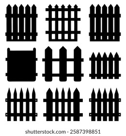 Collection of Simple Black and White Wooden Fence Silhouettes