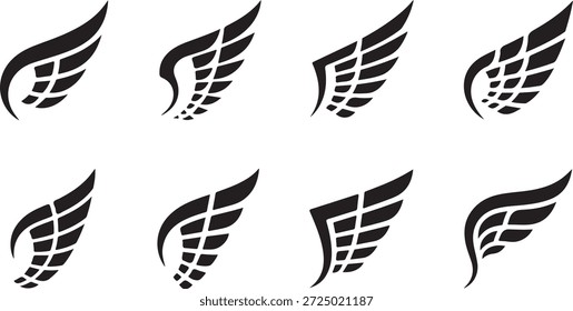 Eine Sammlung von einfachen schwarzen Flügel Illustrationen mit verschiedenen stilistischen Variationen.