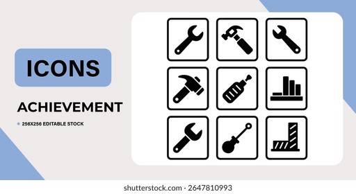 Collection of simple black wrench icons on white background. Suitable for industrial design.