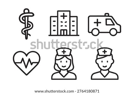 A collection of simple, black-and-white line icons representing various medical aspects.