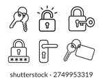 Collection of simple, black-and-white security icons representing locks, keys, and access points.