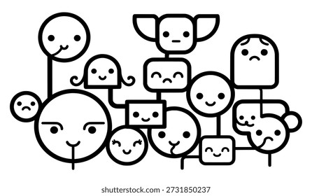 Uma coleção de desenhos animados simples, com contornos pretos, enfrenta várias emoções, ligadas por linhas, sobre um fundo branco.