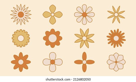 Collection of simple blooming flowers in 1970s psychedelic hippie style. Set of graphic stickers in retro design. groovy background. editable stroke isolated vector illustration.