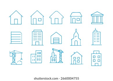 Coleção de ícones simples de arte de linha azul representando vários edifícios e elementos de construção.