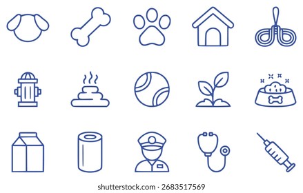 A collection of simple blue line art icons depicting various elements associated with dogs and pet ownership, including a dog's head, bone, paw print, and more.