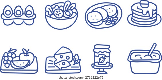 Collection of simple blue line art icons representing various delicious breakfast and healthy food items