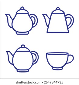 Coleção de bule de contorno azul simples e uma xícara em um fundo branco