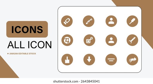 A collection of simple, brown circular icons displaying different symbols, designed for use in user interfaces and graphic design projects.