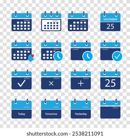 Collection of simple calendar icon set of different style, Desktop calendar isolated on transparent background, Includes icons for months, days, weeks, reminders, and more, Vector illustration.