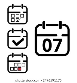 Collection of simple calendar icons of different designs, calendar icon with specific day marked for websites and graphic resources, day 07.