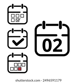 Collection of simple calendar icons of different designs, calendar icon with specific day marked for websites and graphic resources, day 02.