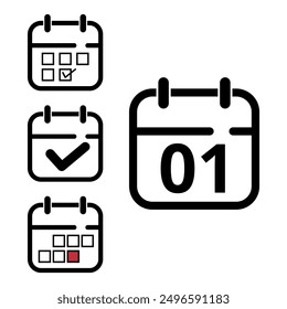 Collection of simple calendar icons of different designs, calendar icon with specific day marked for websites and graphic resources, day 01.