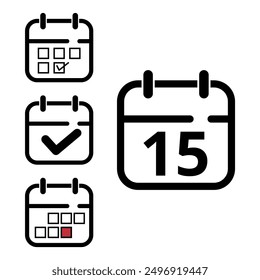 Colección de íconos de calendarios simples de diferentes diseños, ícono de calendarios con un día específico marcado para Sitios web y recursos gráficos, día 15.