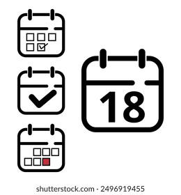 Collection of simple calendar icons of different designs, calendar icon with specific day marked for websites and graphic resources, day 18.
