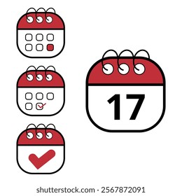 Collection of simple calendar icons in different formats and contexts. Flat calendar icon with specific day marked, day 17.