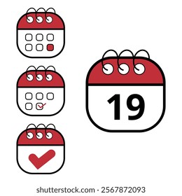 Collection of simple calendar icons in different formats and contexts. Flat calendar icon with specific day marked, day 19.